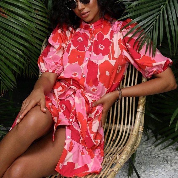 Pink Boho Womens Floral Print Puff Sleeve Ruffle Hem Belted Shirt Dress - Picture 3 of 5